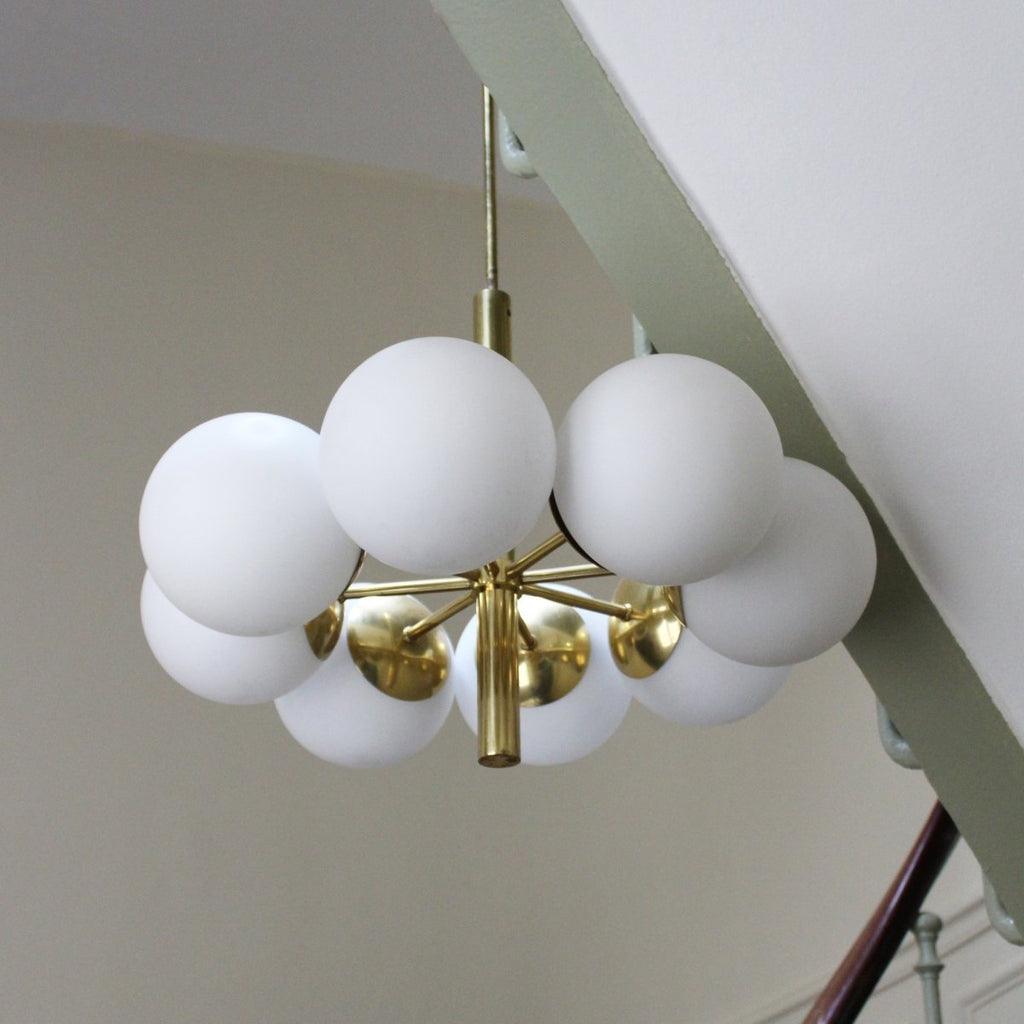 Lustre Suspension Vintage Spoutnik 6 Feux - Laiton Et Globes En Verre Moulé