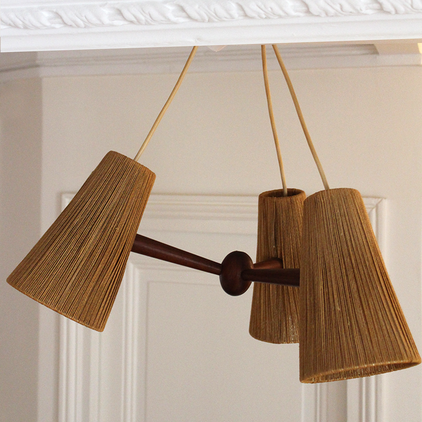 Suspension Scandinave Temde en raphia et teck - Circa 1960