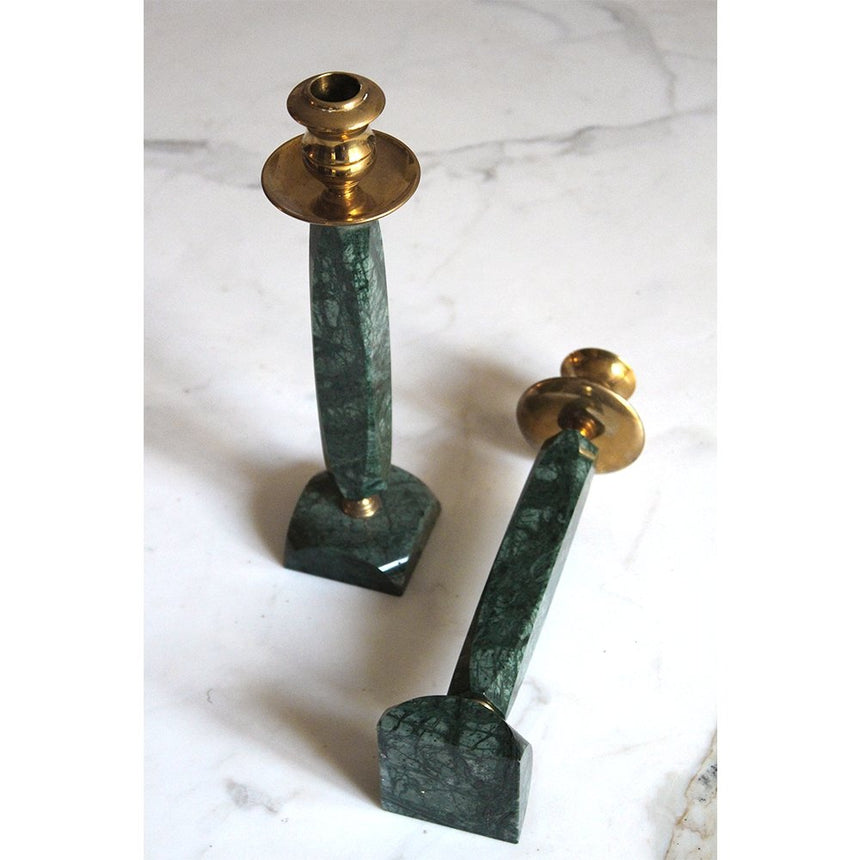 Paire de bougeoirs en serpentine et laiton - Maison Collectible - Bougeoir