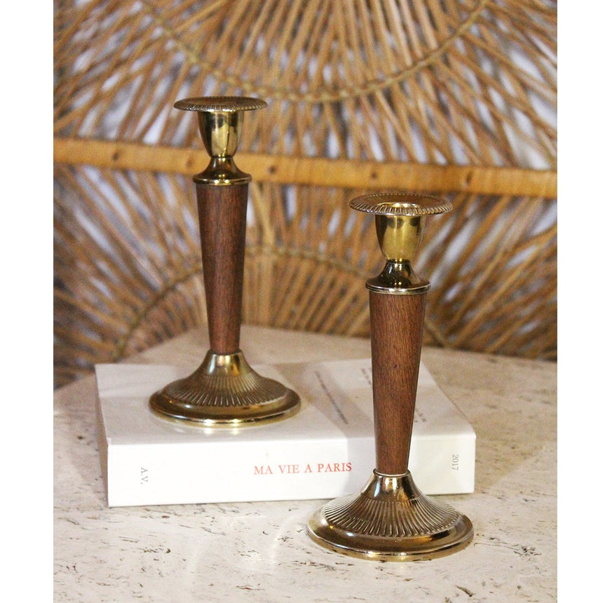 Paire de bougeoirs scandinaves en teck et laiton - Circa 1960 - Maison Collectible - Bougeoir