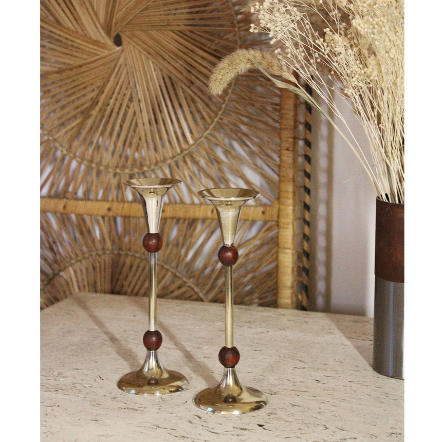 Paire de bougeoirs vintages en teck et aluminium - Circa 1970 - Maison Collectible - Bougeoir