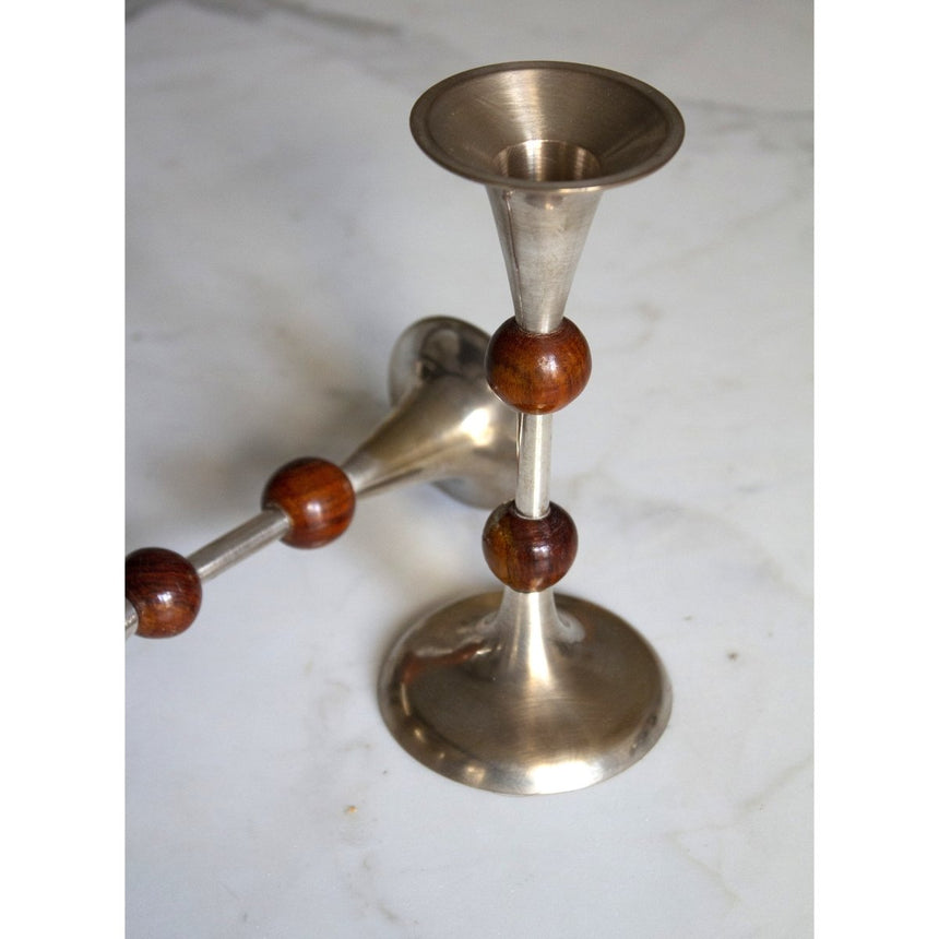 Paire de bougeoirs vintages en teck et aluminium - Circa 1970 - Maison Collectible - Bougeoir