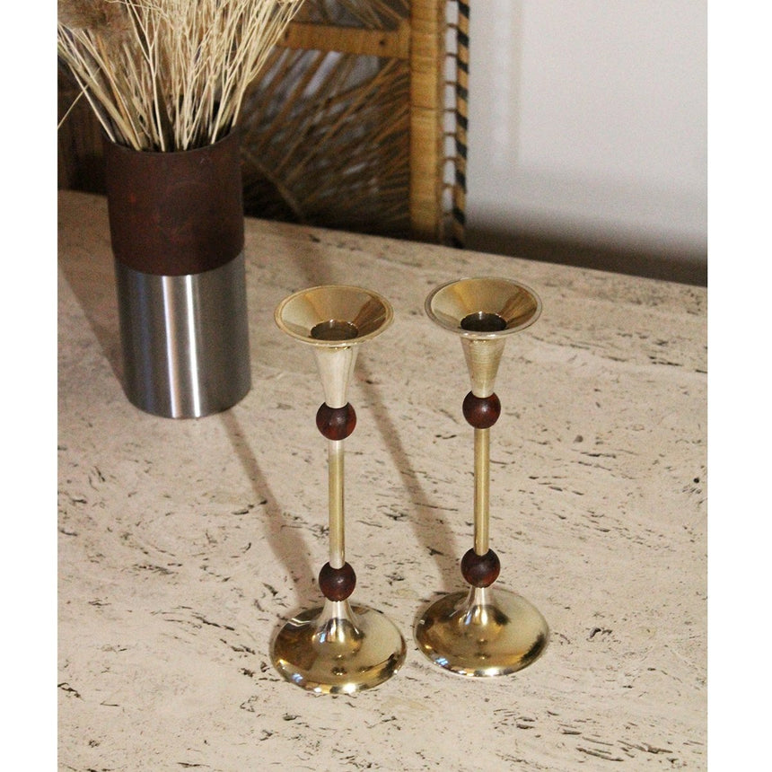 Paire de bougeoirs vintages en teck et aluminium - Circa 1970 - Maison Collectible - Bougeoir