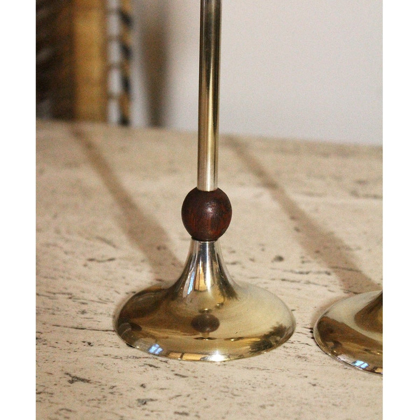 Paire de bougeoirs vintages en teck et aluminium - Circa 1970 - Maison Collectible - Bougeoir
