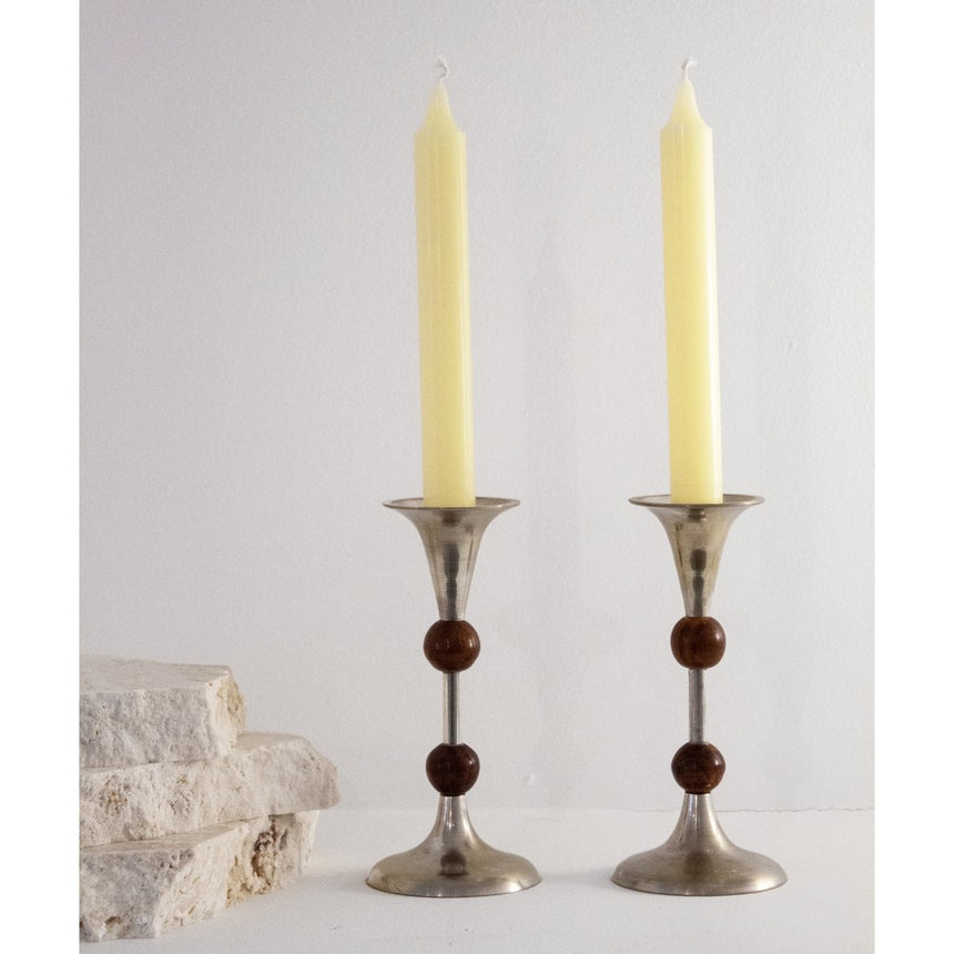 Paire de bougeoirs vintages en teck et aluminium - Circa 1970 - Maison Collectible - Bougeoir