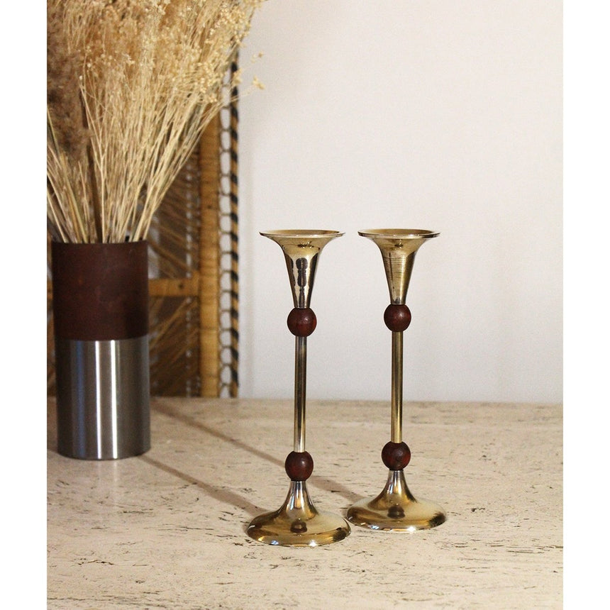 Paire de bougeoirs vintages en teck et aluminium - Circa 1970 - Maison Collectible - Bougeoir