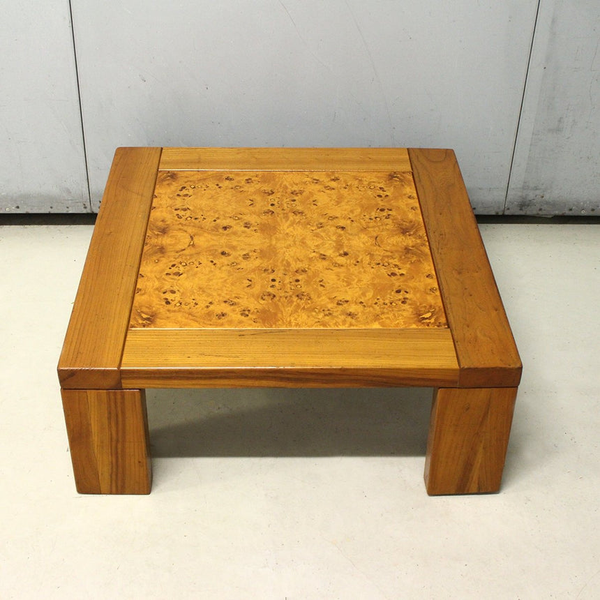 Table basse carrée en loupe d'orme massif - Circa 1960-1970 - Maison Collectible - Table basse