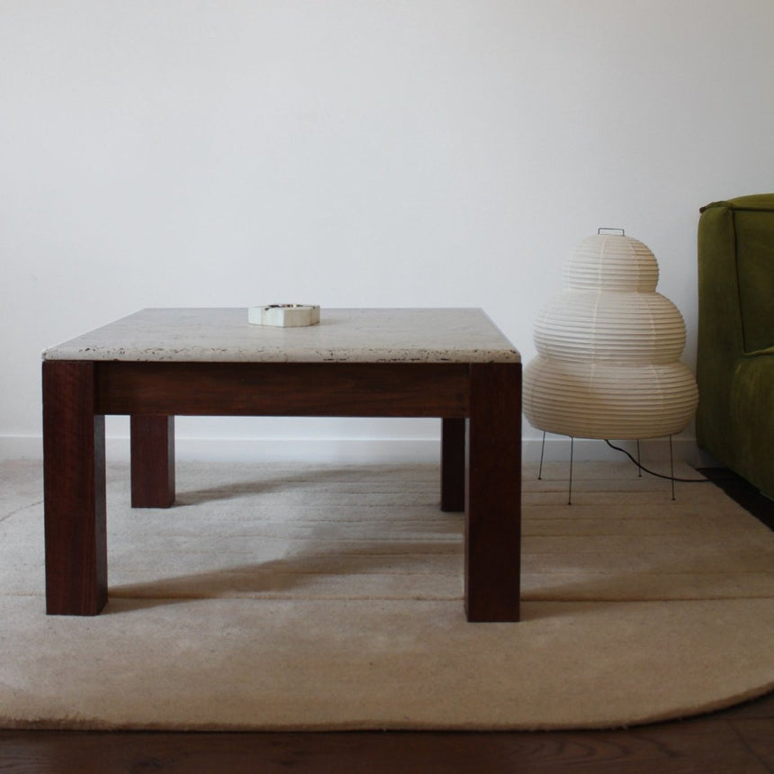Table basse carrée en travertin et bois - Maison Collectible - Table basse