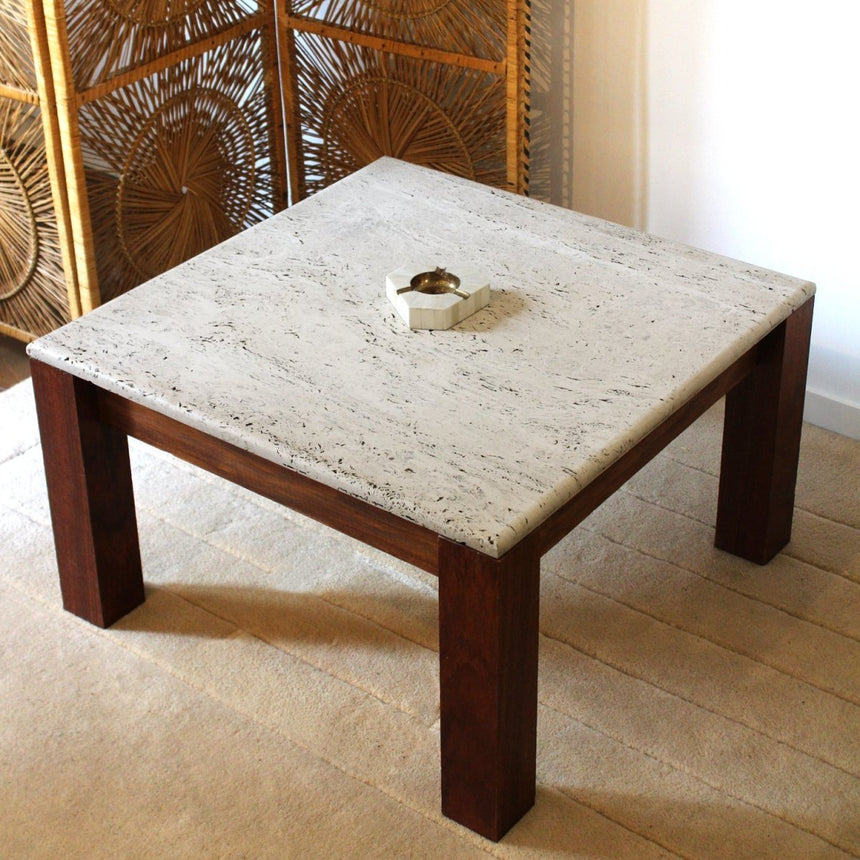 Table basse carrée en travertin et bois - Maison Collectible - Table basse