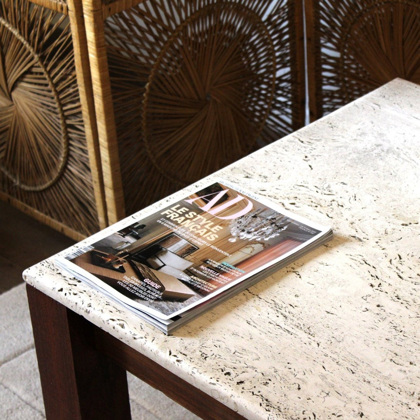 Table basse carrée en travertin et bois - Maison Collectible - Table basse