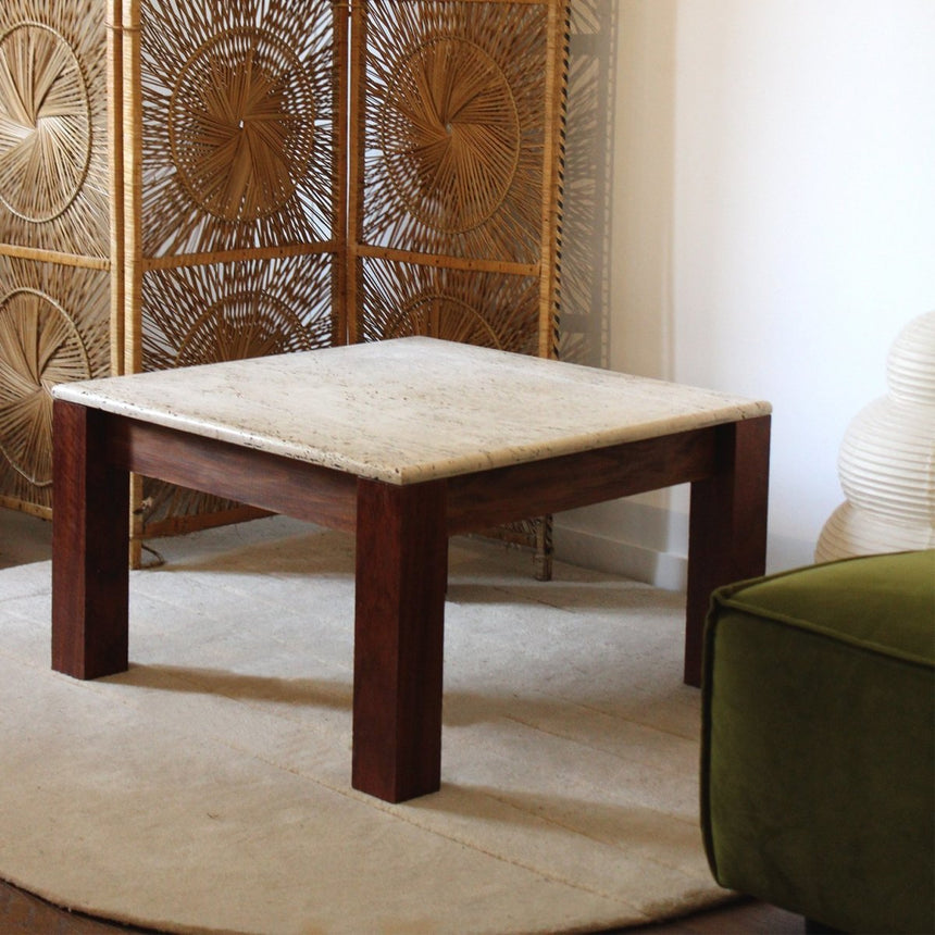 Table basse carrée en travertin et bois - Maison Collectible - Table basse