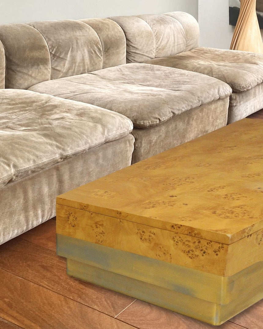 Table basse en loupe d'orme et laiton - Circa 1970 - Maison Collectible - Table basse